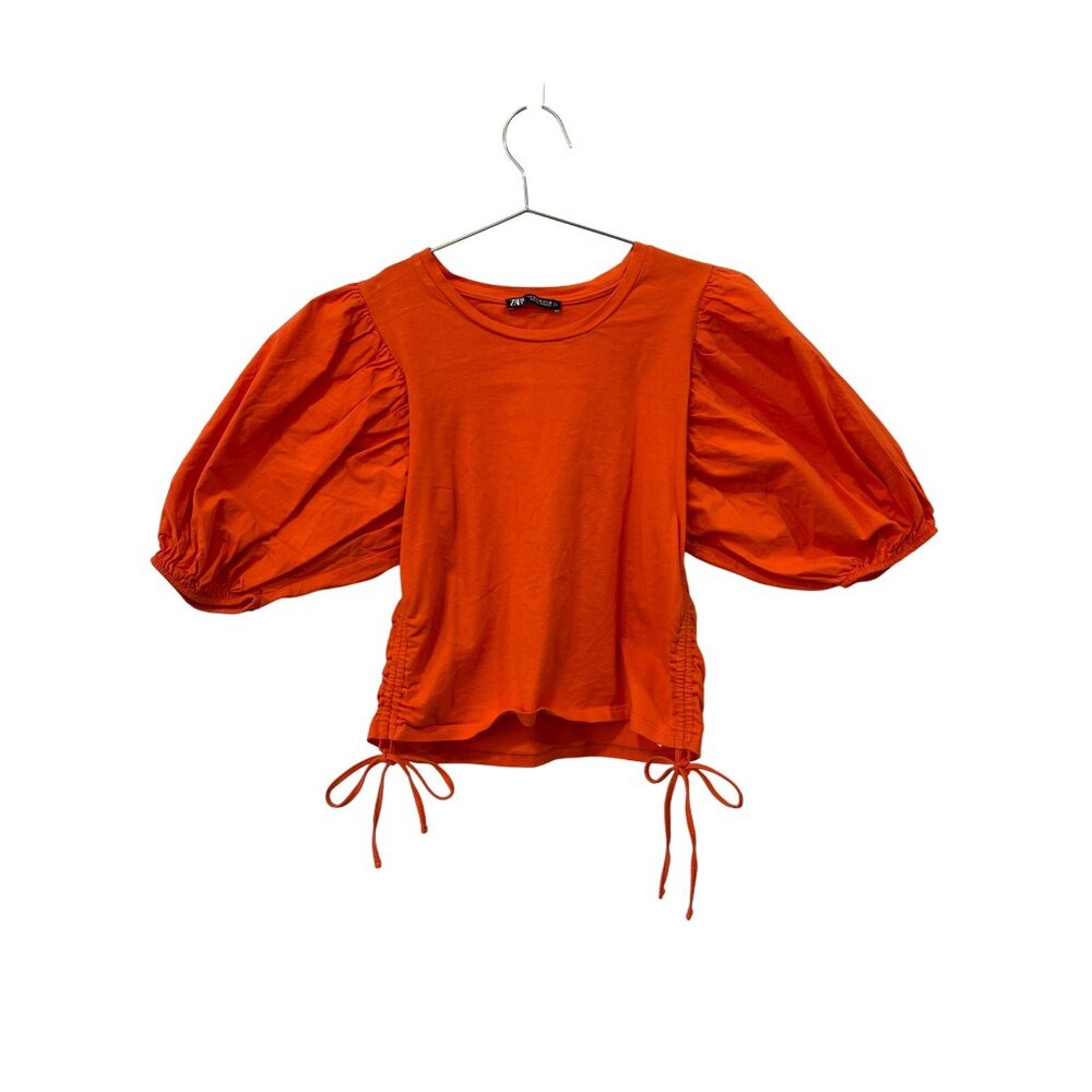 Zara Cinched Side Puff Sleeve Crop Top Size Medium Crewneck Orange Modern Trendy